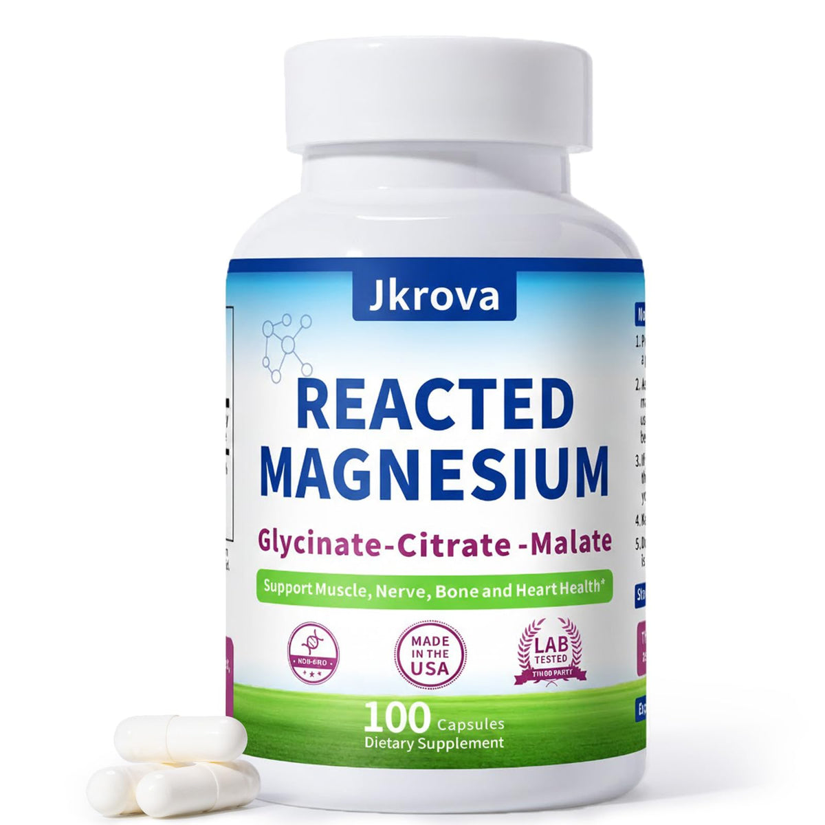 JKrova Reacted Magnesium bottle front view promoting calm energy