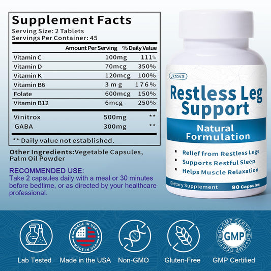 Close-up of Jkrova Restless Legs Relief capsules highlighting gentle, natural care.
