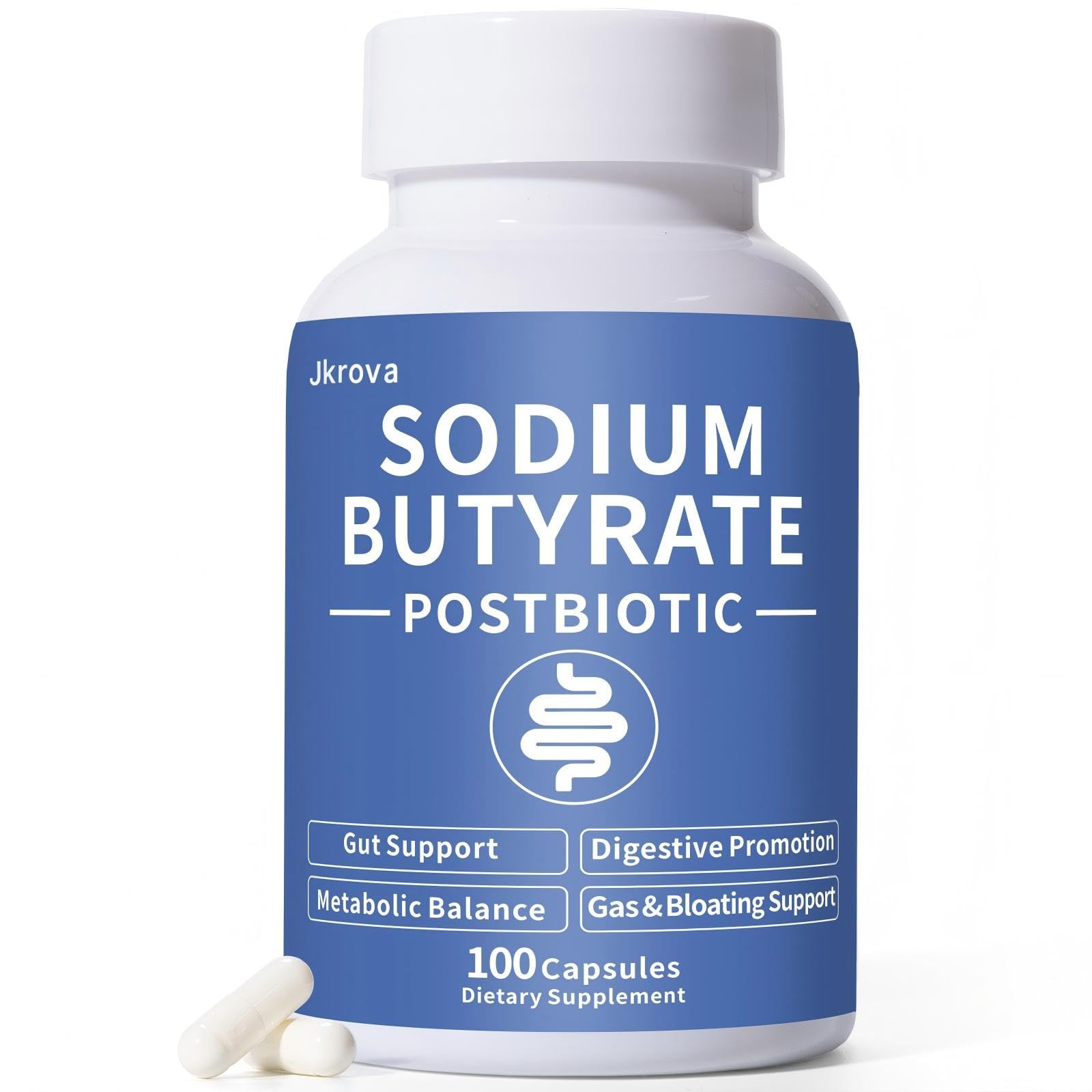 Jkrova Sodium Butyrate bottle demonstrating odor-controlled gut support in a vegan formula.