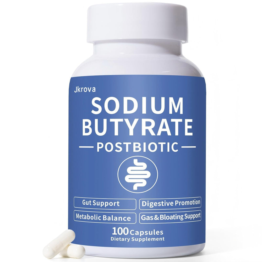 Jkrova Sodium Butyrate bottle demonstrating odor-controlled gut support in a vegan formula.