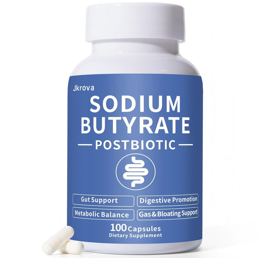 Jkrova Sodium Butyrate bottle demonstrating odor-controlled gut support in a vegan formula.