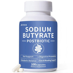 Jkrova Sodium Butyrate bottle demonstrating odor-controlled gut support in a vegan formula.
