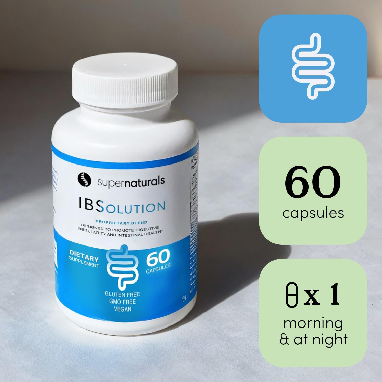 JLM Nutritionals SuperNaturals IBSolution label highlights non-GMO gluten-free vegan formula
