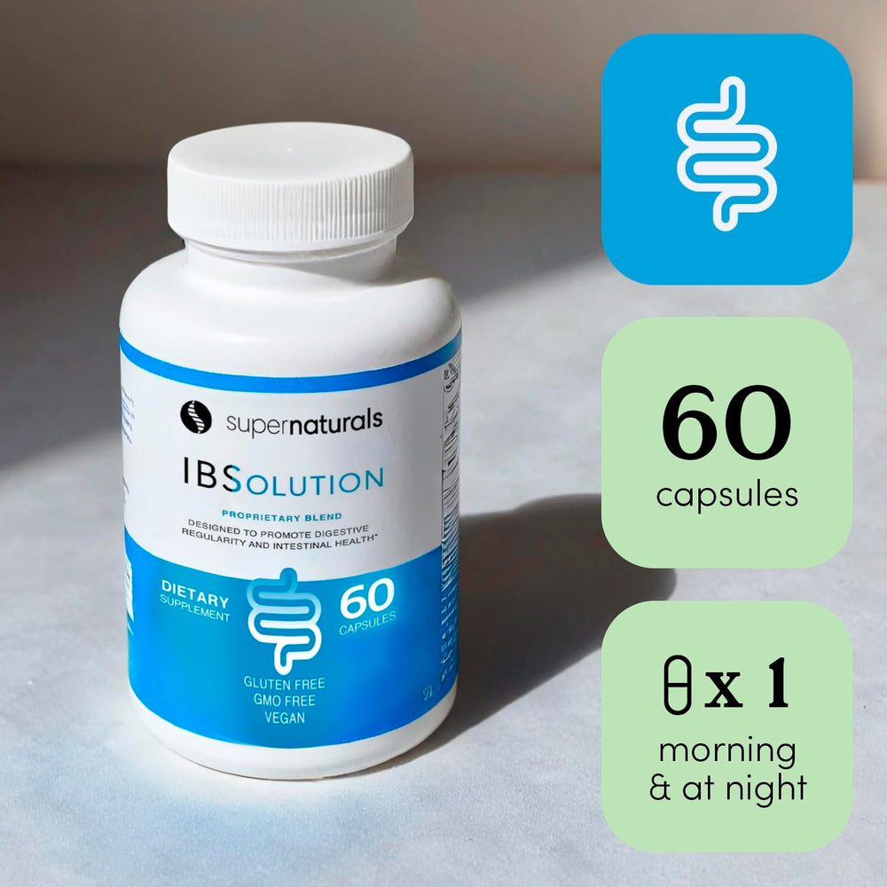 JLM Nutritionals SuperNaturals IBSolution label highlights non-GMO gluten-free vegan formula