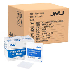 JMU sterile gauze pads 4x4 in 100-pack, individually wrapped for hygiene.