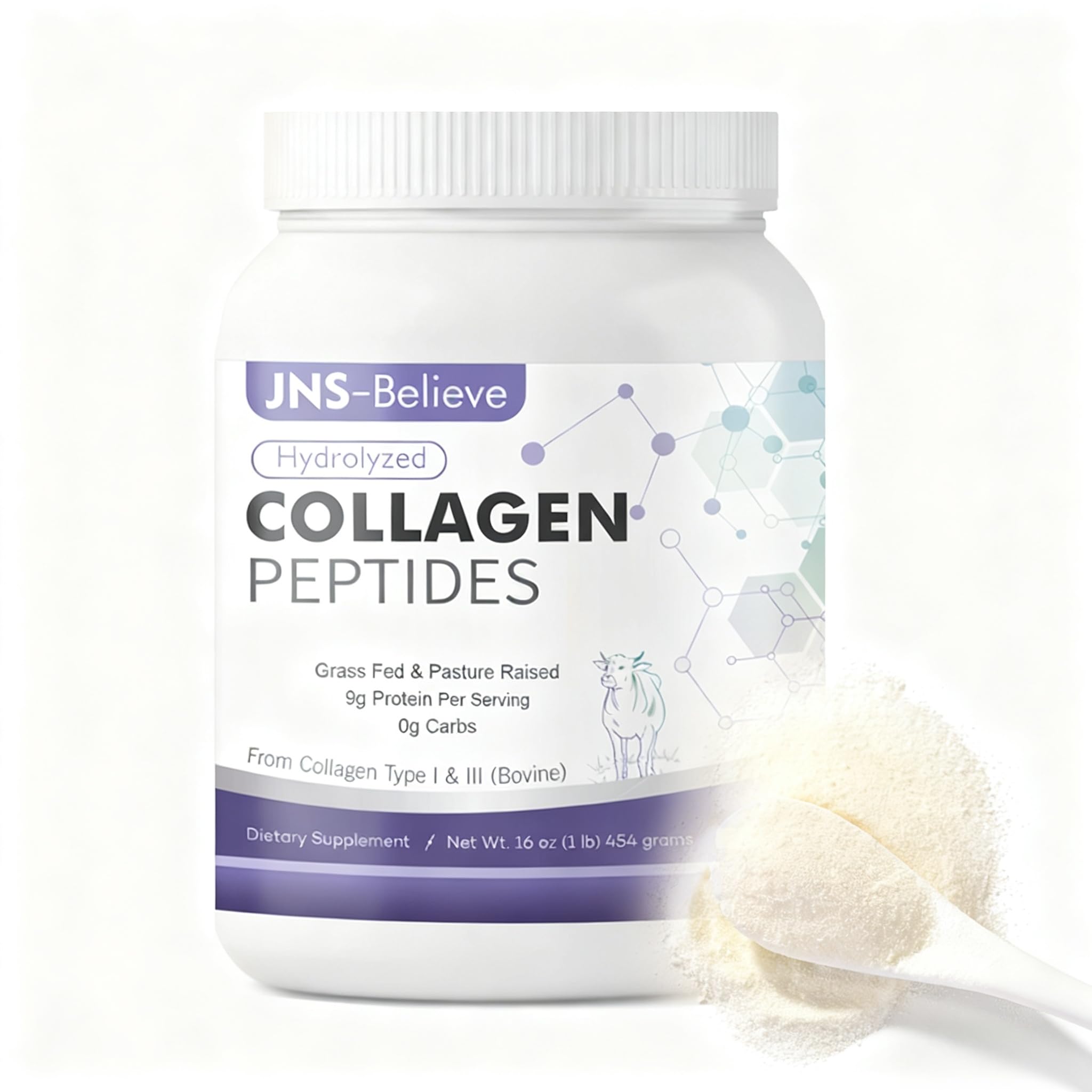 JNS-Believe collagen bottle closeup showing premium supplement packaging