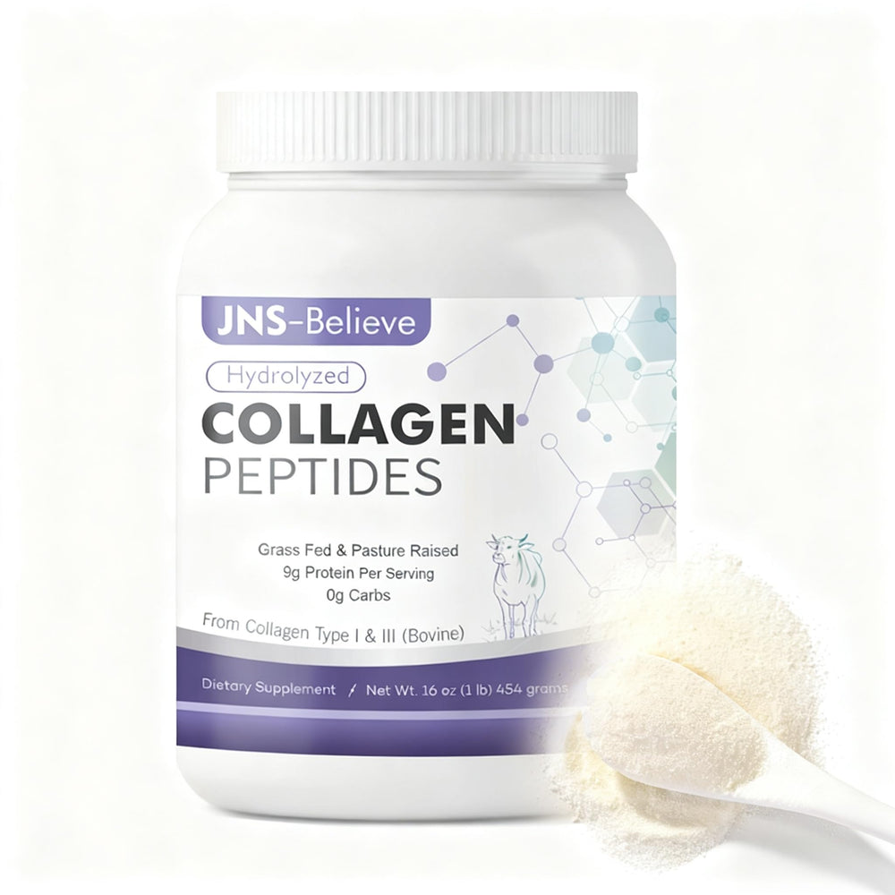 JNS-Believe collagen bottle closeup showing premium supplement packaging