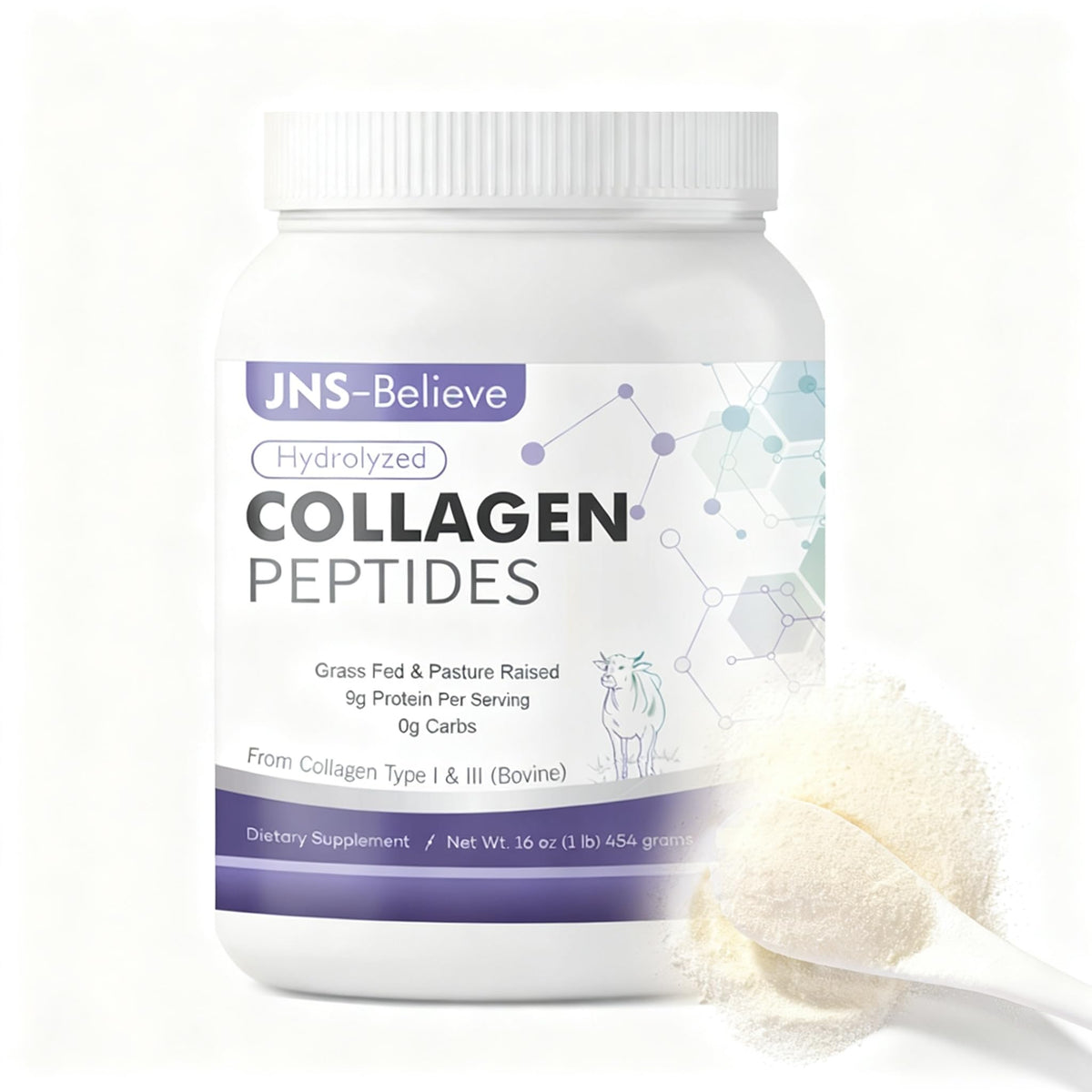 JNS-Believe collagen bottle closeup showing premium supplement packaging
