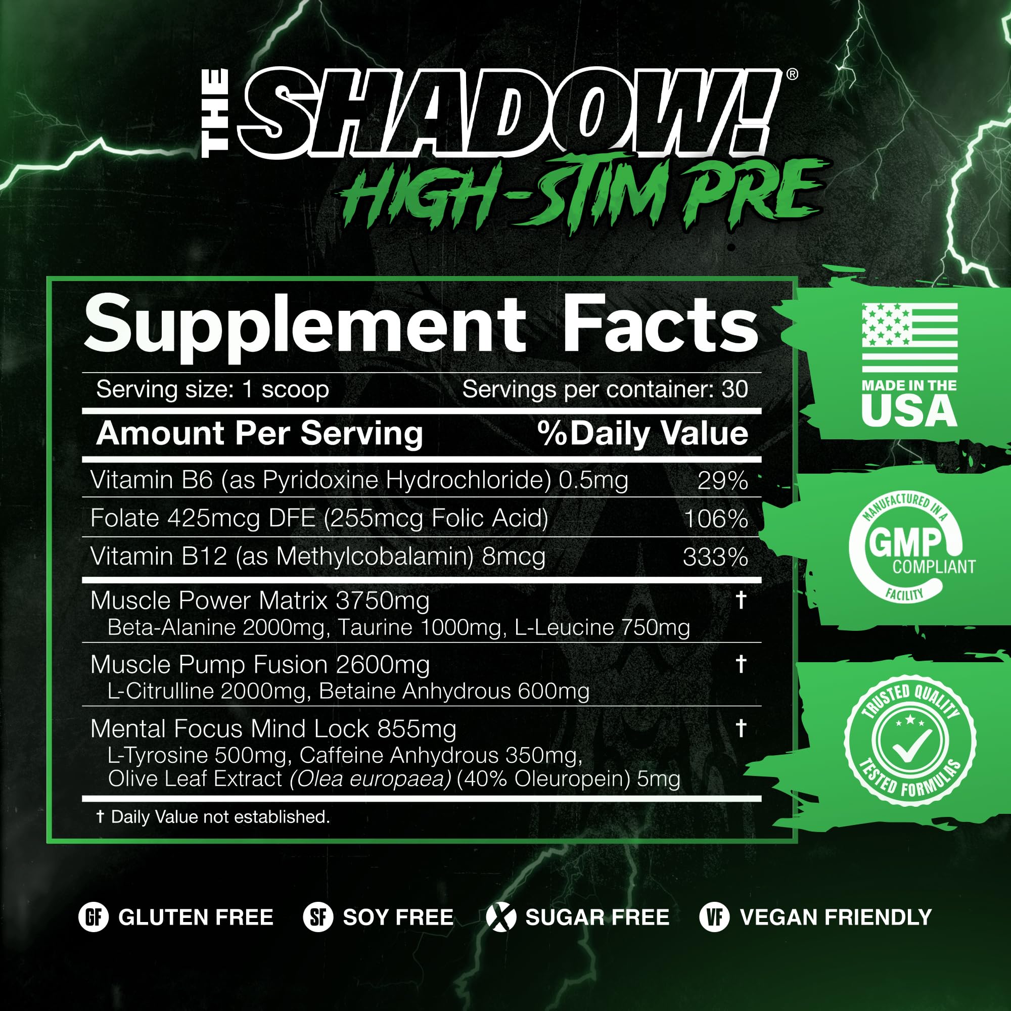 JNX Shadow label closeup on premium ingredients for workouts