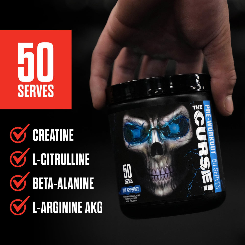 JNX SPORTS The Curse preworkout in gym setting emphasizes energy and focus.