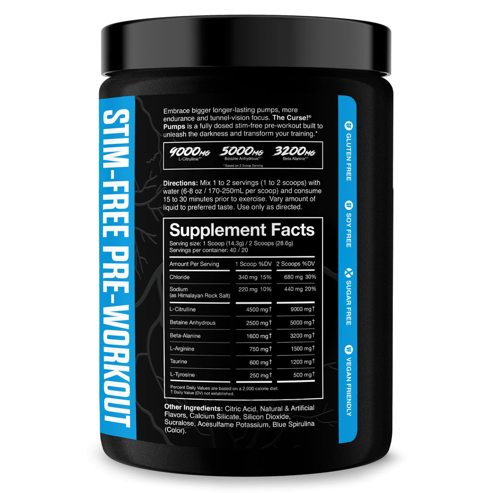 The Curse! Pump label highlights nitric oxide support for improved blood flow during workouts