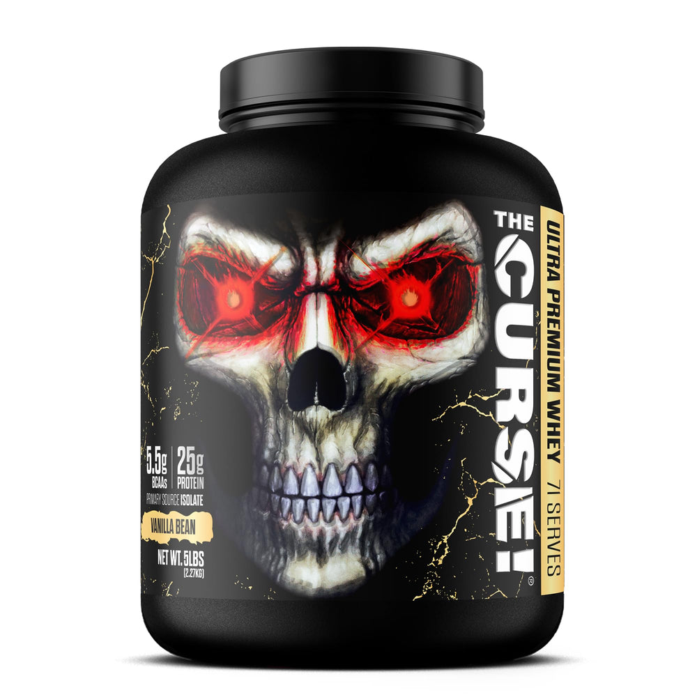 JNX Sports The Curse Ultra Premium Whey Vanilla Bean 5lb tub for lean muscle support.