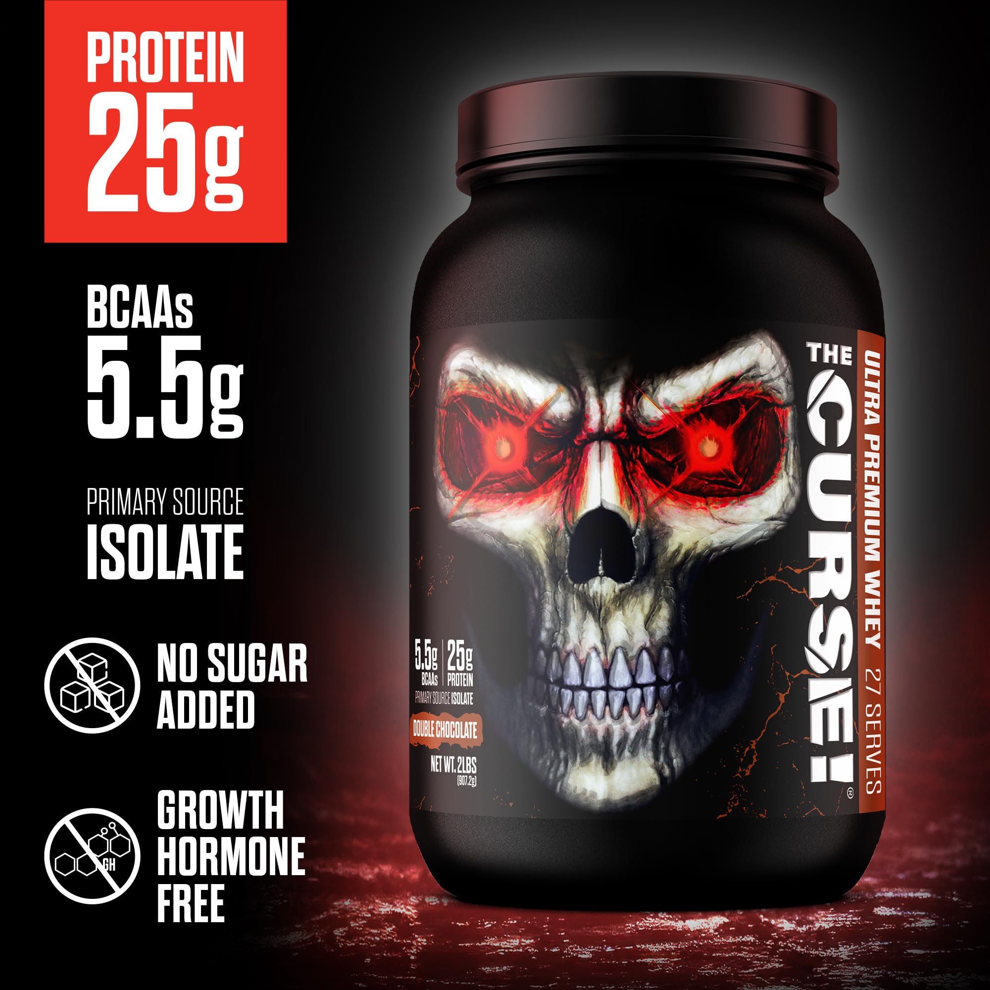 Close-up of The Curse! nutrition panel emphasizing whey isolate and clean formula.