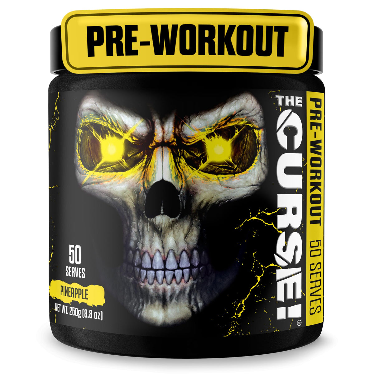 The Curse pineapple pre-workout bottle by JNX SPORTS ready for training sessions.