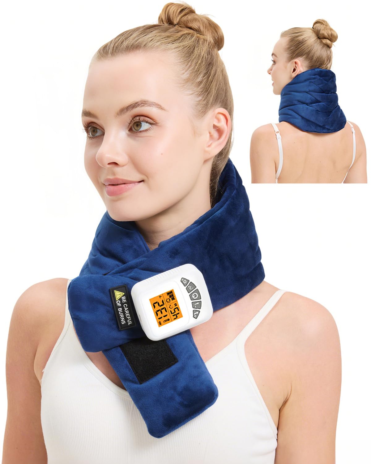 Jobyna cordless neck heating pad wrapped around the neck for soothing warmth and flexibility.