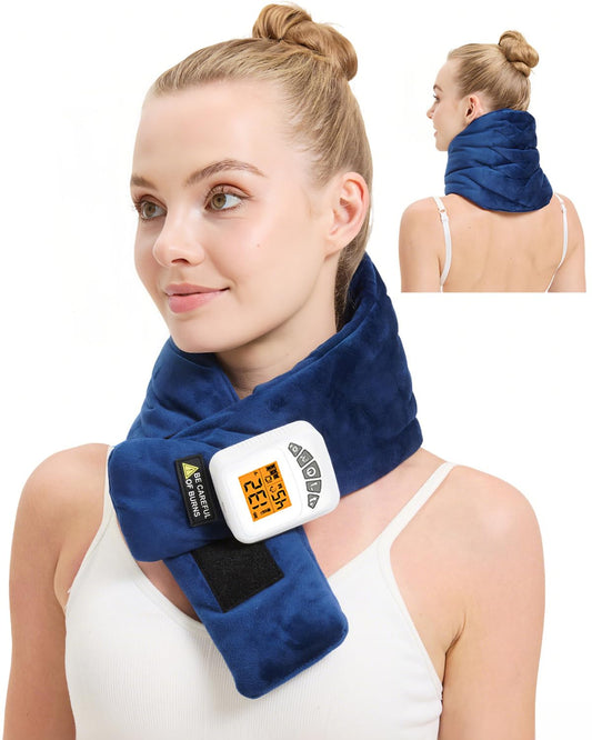 Jobyna cordless neck heating pad wrapped around the neck for soothing warmth and flexibility.