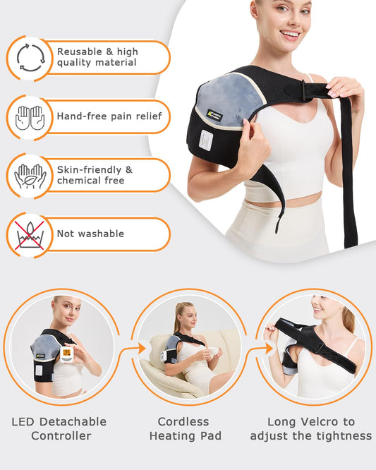 Jobyna shoulder pad LED control panel shows adjustable heat settings.