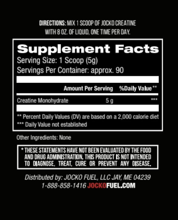 Jocko Fuel Creatine Monohydrate label close-up showing reliable serving details