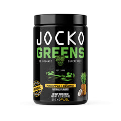 Jocko Fuel Daily Greens powder bottle on kitchen counter for daily gut-support