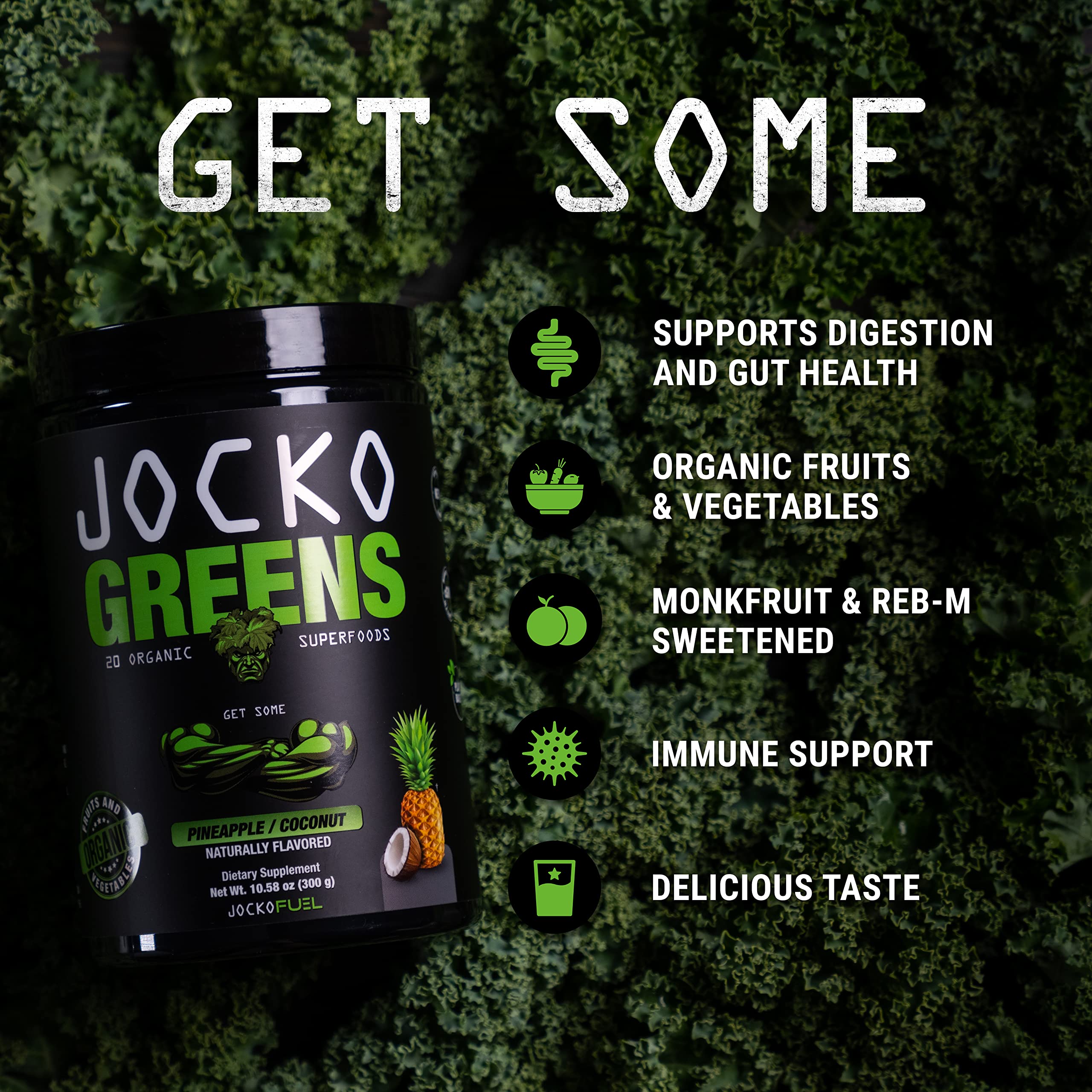 Pineapple-coconut flavored Daily Greens powder close-up highlighting refreshing taste