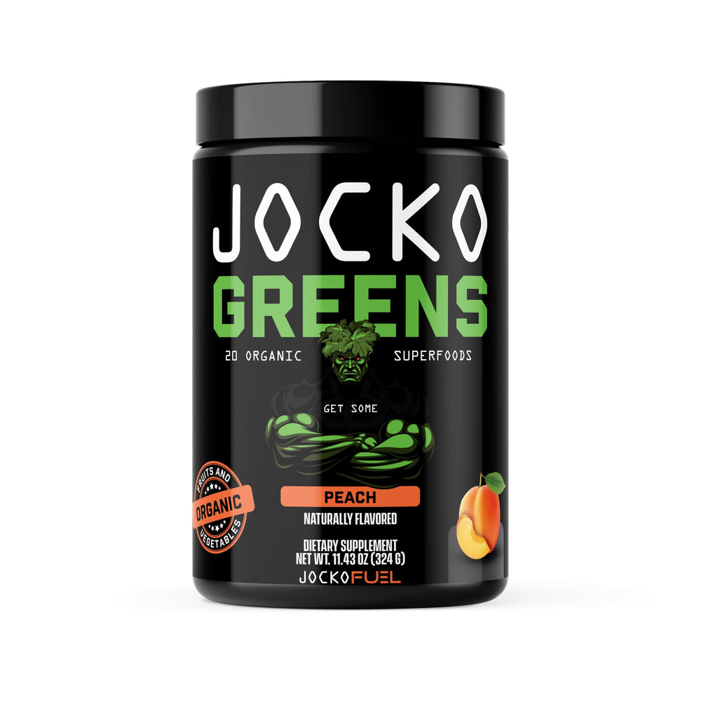 Jocko Fuel Daily Greens powder tub label highlights organic ingredients for gut health.