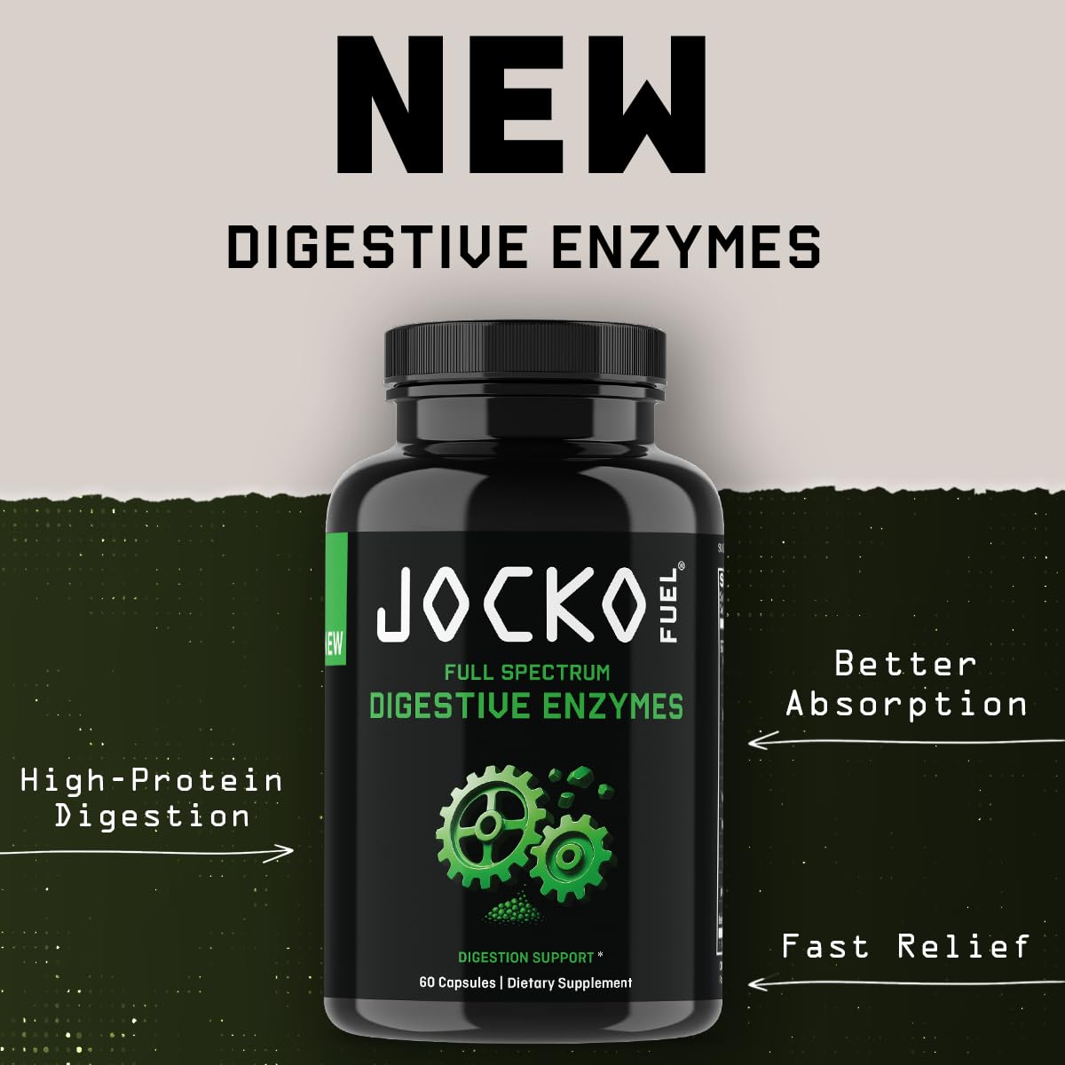 Jocko Fuel Digestive Enzymes icons indicate dairy and beans digestion support.