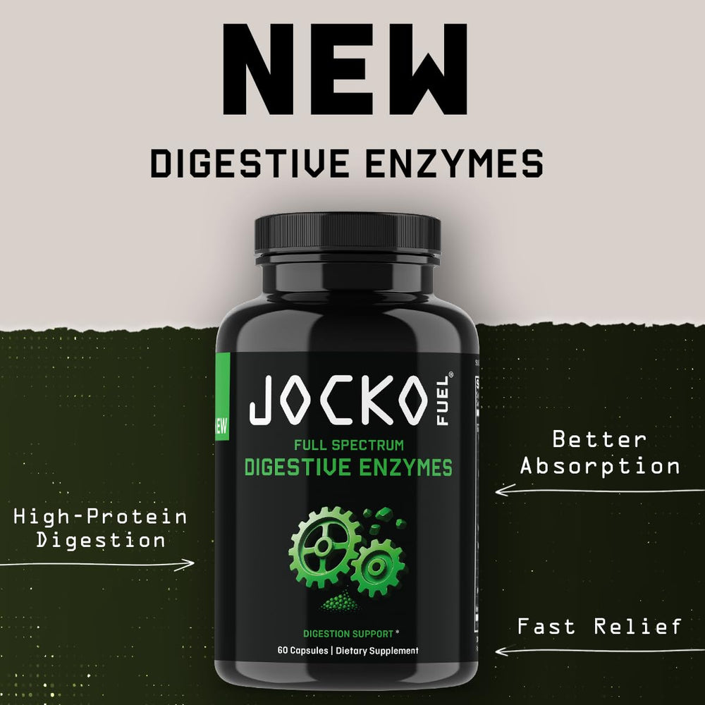 Jocko Fuel Digestive Enzymes icons indicate dairy and beans digestion support.