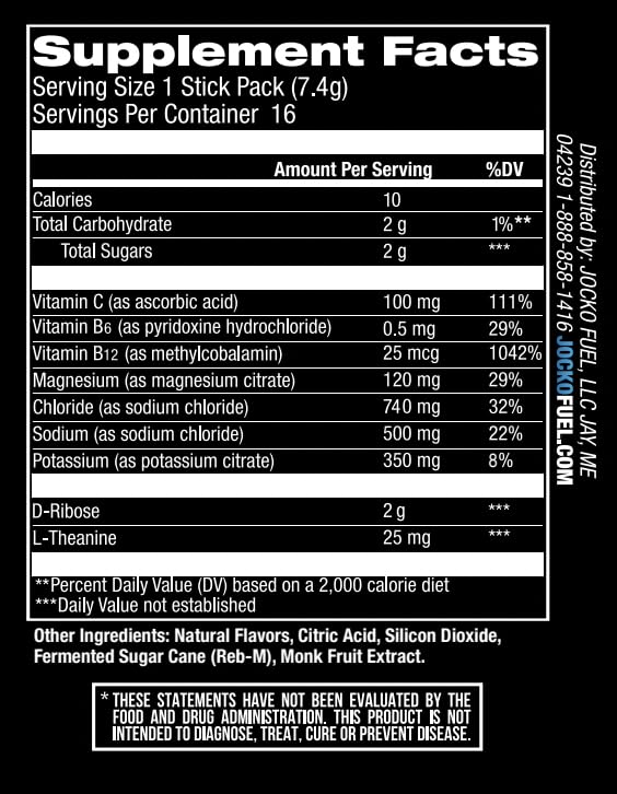 Jocko Fuel Hydrate blue raspberry ingredients label featuring C, B6, B12