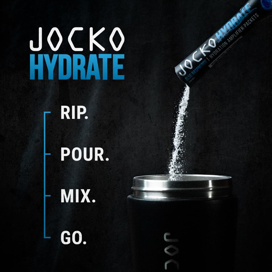 Jocko Fuel Hydrate blue raspberry packet stack ready for workouts
