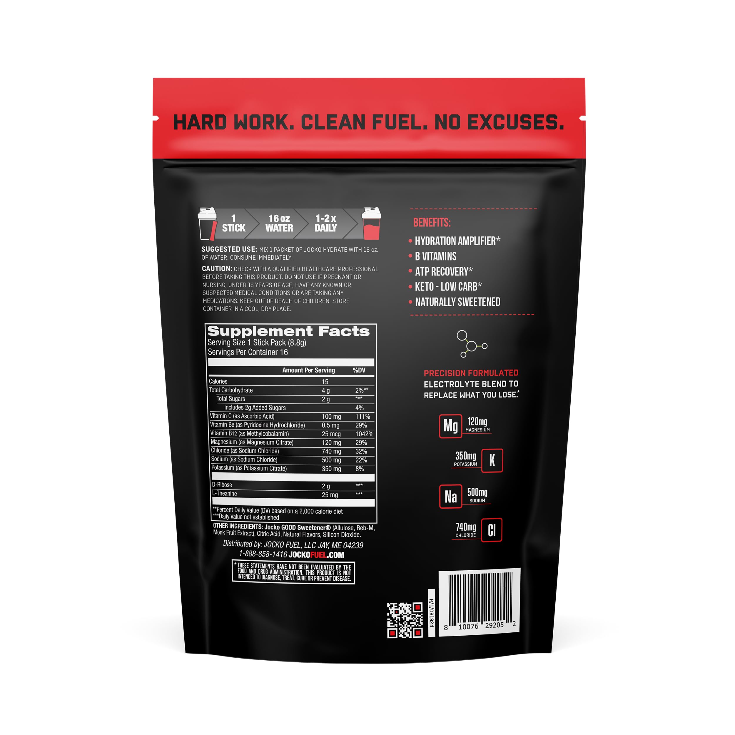 Jocko Fuel Hydrate packaging emphasizes low sugar and no artificial sweeteners.