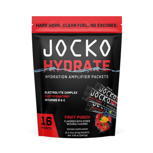 Jocko Fuel Hydrate fruit punch packets front for quick workout hydration.