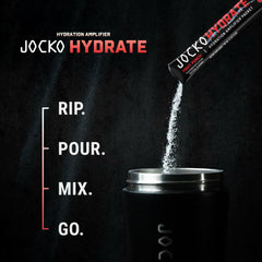 Nutrition facts label on Jocko Fuel Hydrate highlights electrolytes and vitamins.