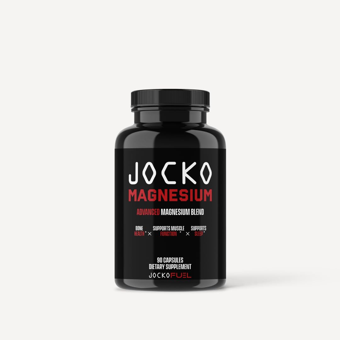Jocko Fuel Magnesium Complex bottle front highlights muscle support and relaxation potential.