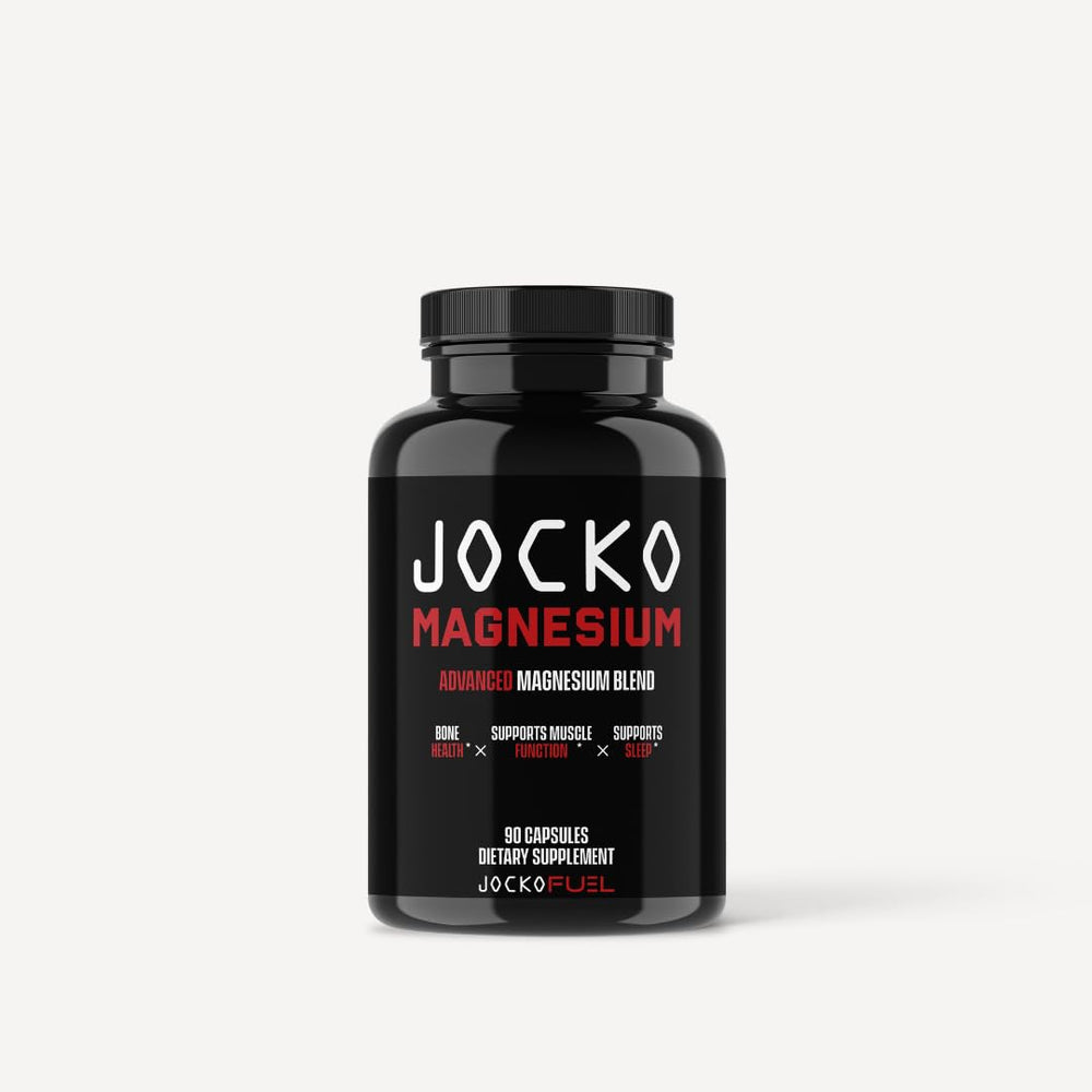 Jocko Fuel Magnesium Complex bottle front highlights muscle support and relaxation potential.