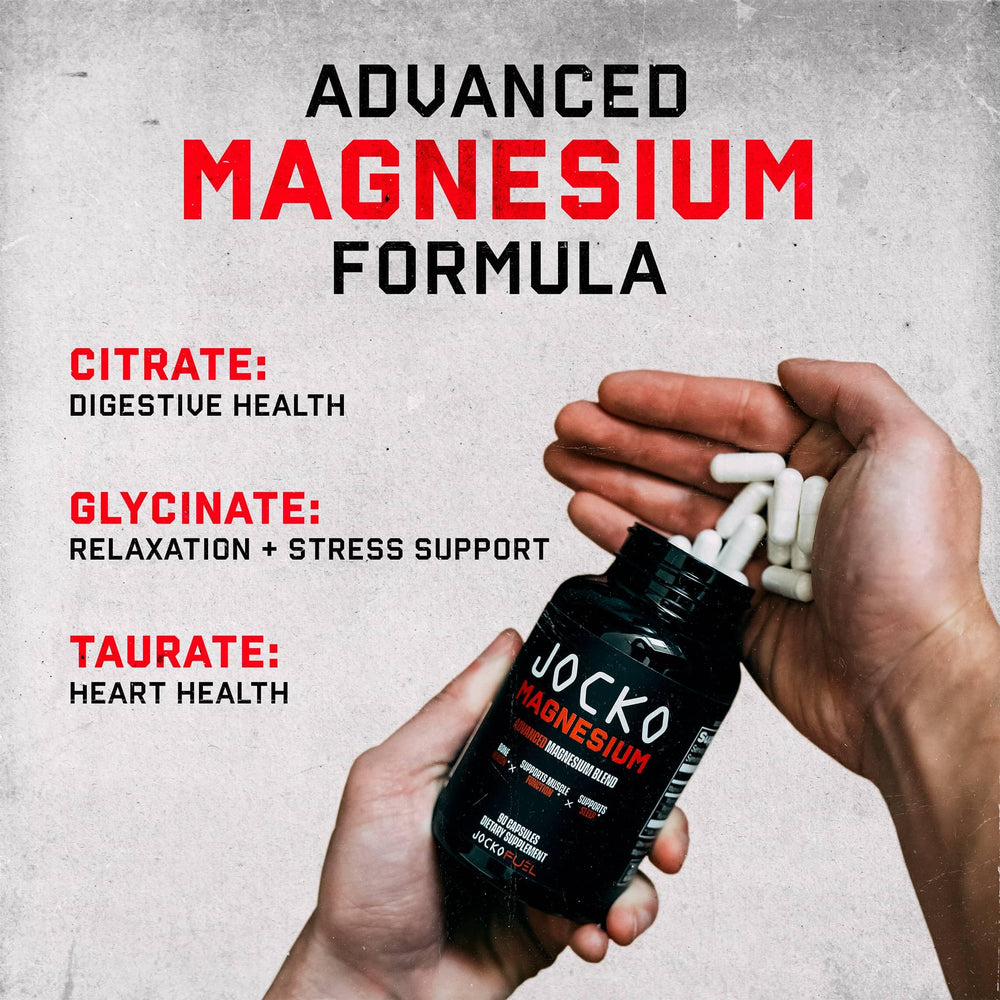 Jocko Fuel Magnesium Complex feature icons show muscle, bone, and energy support.