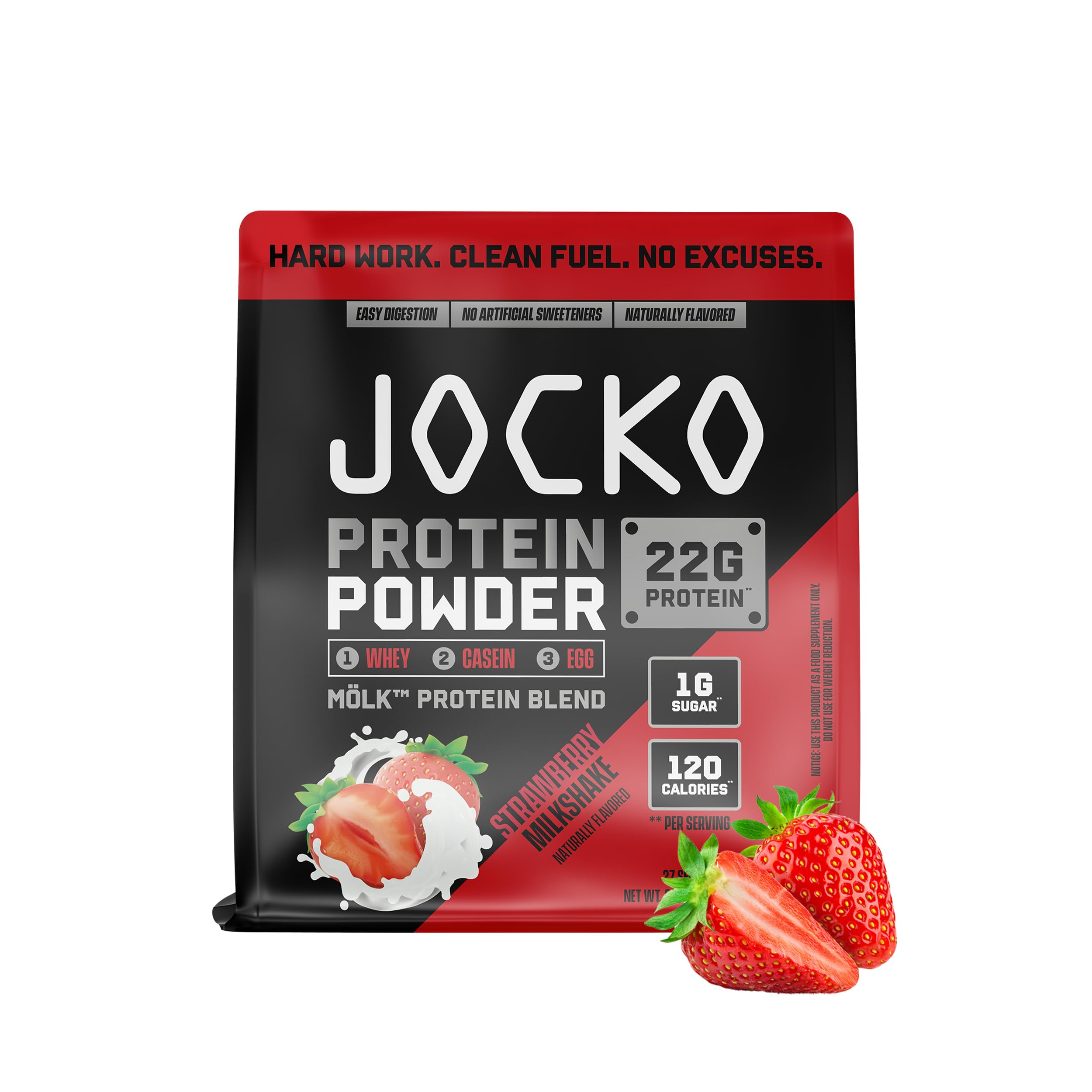 Jocko Fuel Mölk powder packaging in strawberry flavor for post-workout fueling.