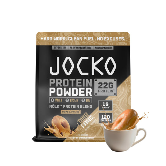 Jocko Fuel Molk whey protein powder tub closeup highlighting premium ingredients for muscle recovery and growth.