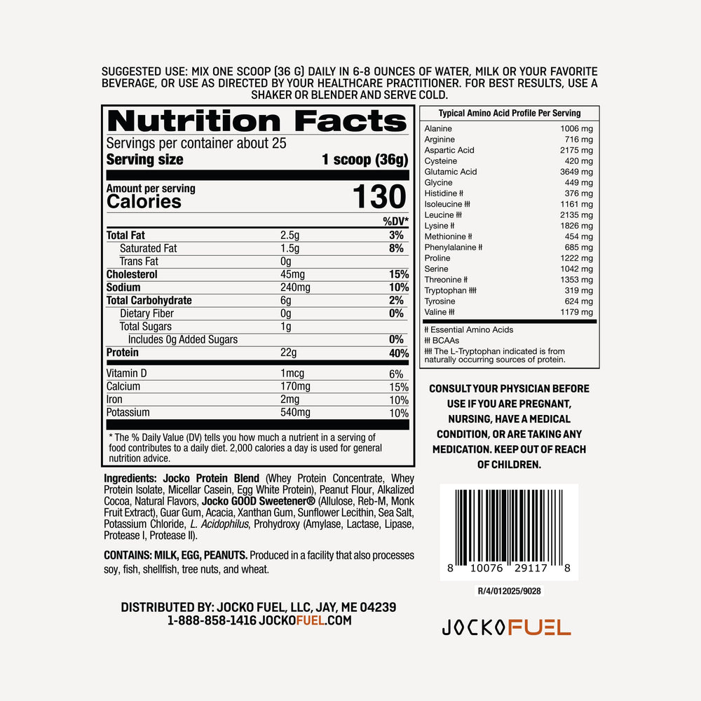 Jocko Fuel Mölk whey shake glass shows chocolate peanut butter flavor appeal