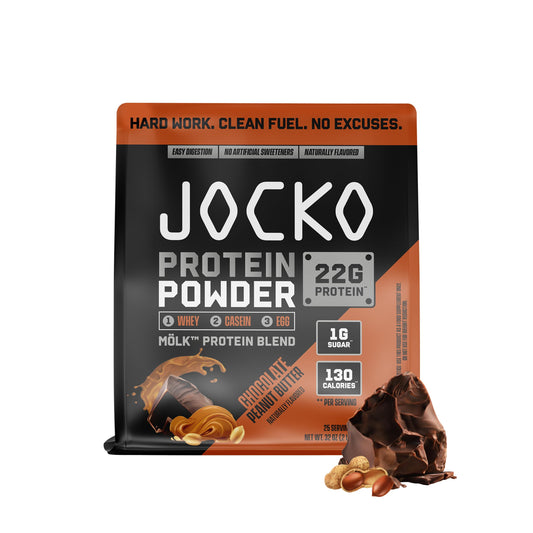 Jocko Fuel Mölk whey protein powder tub front showing protein-rich formula for muscle support