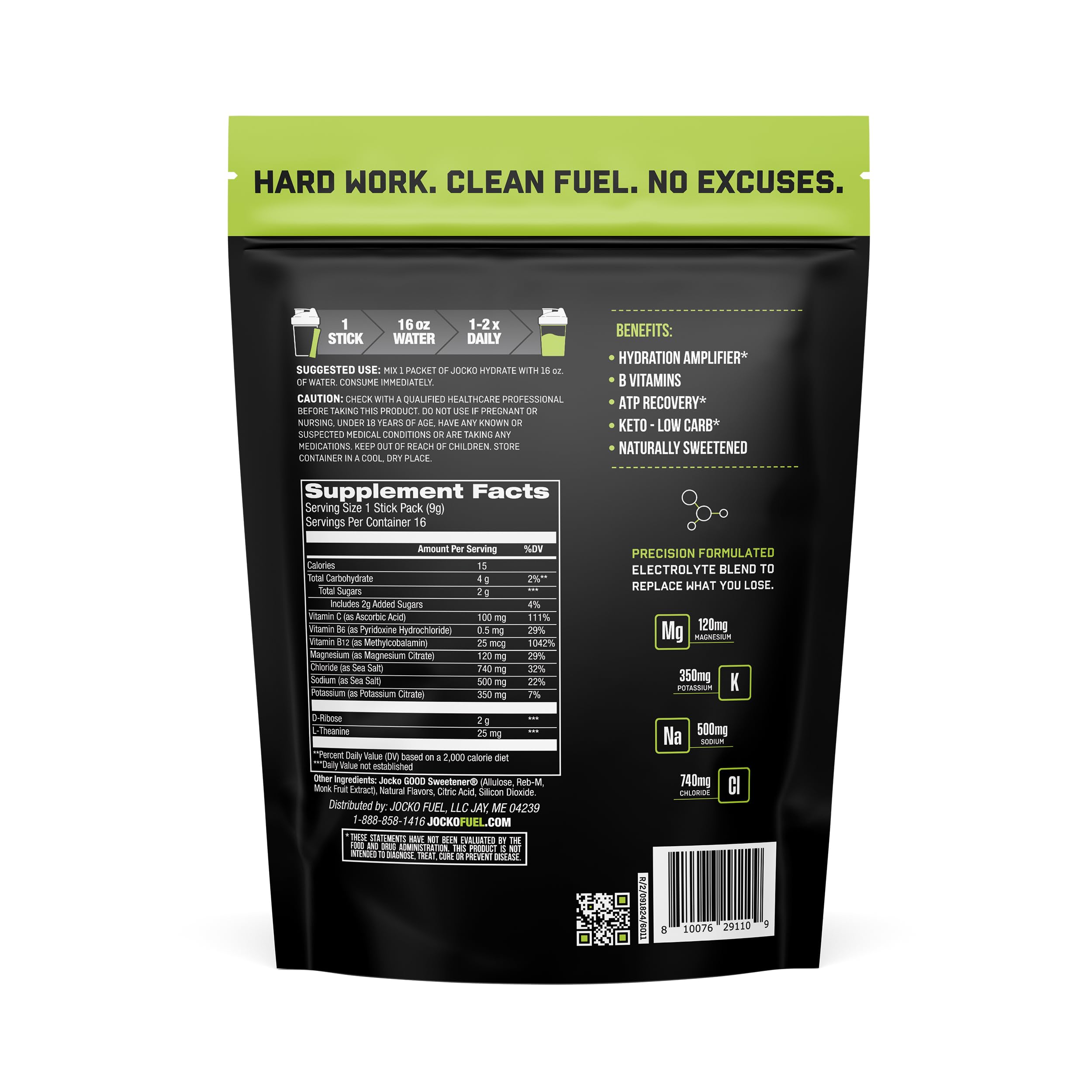 Jocko Fuel Packets Lemon Lime back label highlights vitamins and electrolytes.