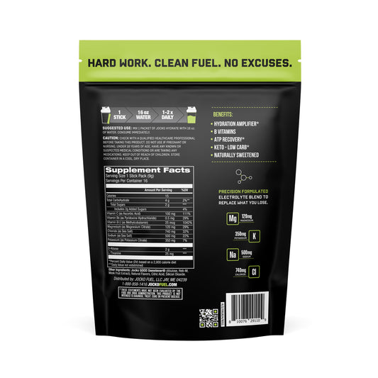 Jocko Fuel Packets Lemon Lime back label highlights vitamins and electrolytes.
