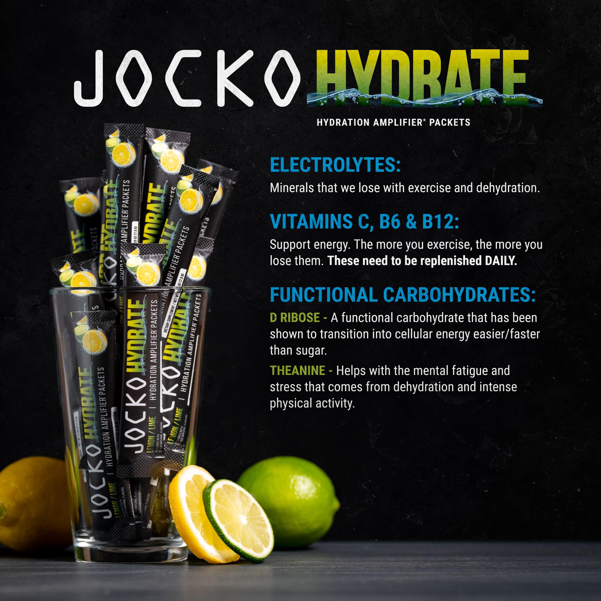 Jocko Fuel Packets Lemon Lime dissolving in water for refreshing hydration.