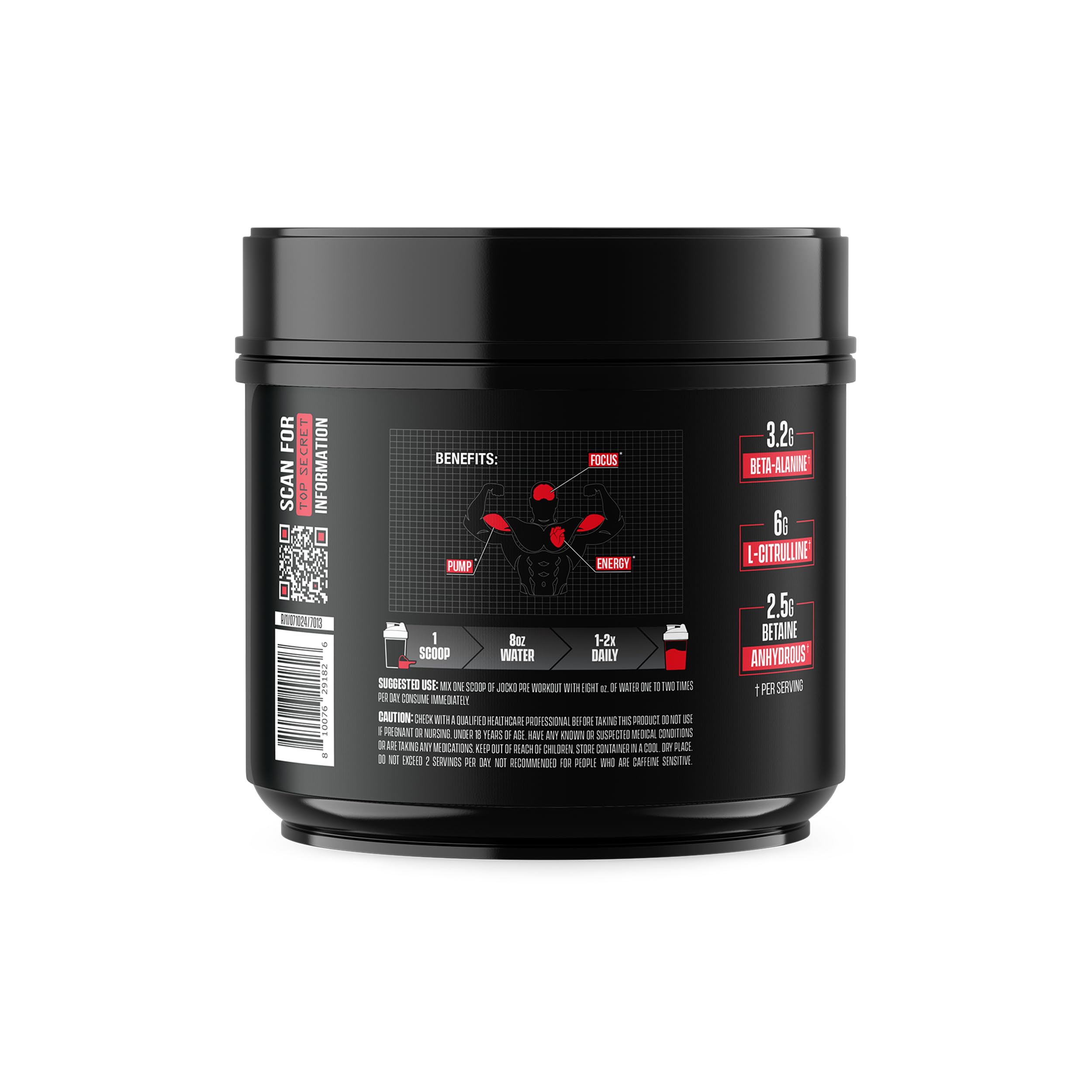 Jocko Fuel pre-workout energizing-fruit-punch bottle promotes alertness and drive.
