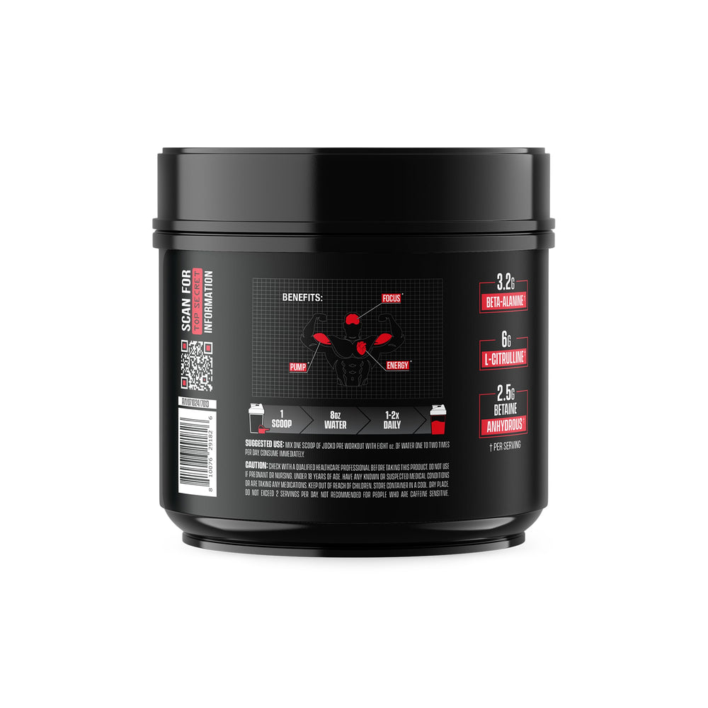Jocko Fuel pre-workout energizing-fruit-punch bottle promotes alertness and drive.