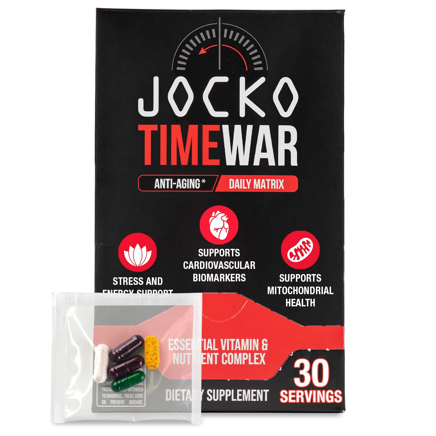 Jocko Fuel TIME WAR bottle front highlighting NAD blend for aging wellness