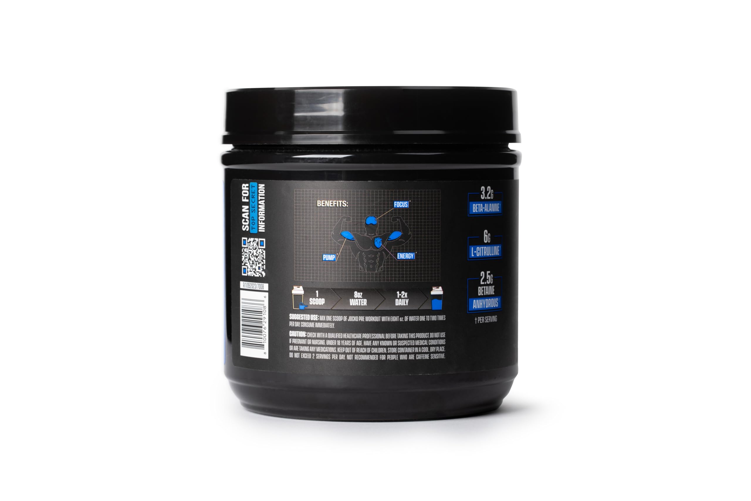 Jocko Fuel Ultimate Pre Workout bottle close-up highlights 200 mg caffeine.