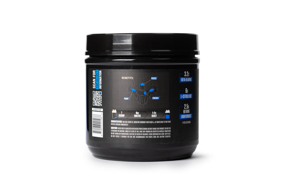 Jocko Fuel Ultimate Pre Workout bottle close-up highlights 200 mg caffeine.