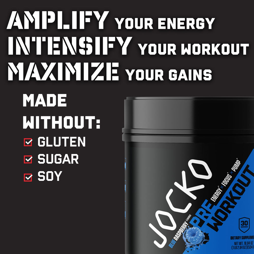 Jocko Fuel Ultimate Pre Workout powder scoop with blue raspberry flavor for quick mixing.