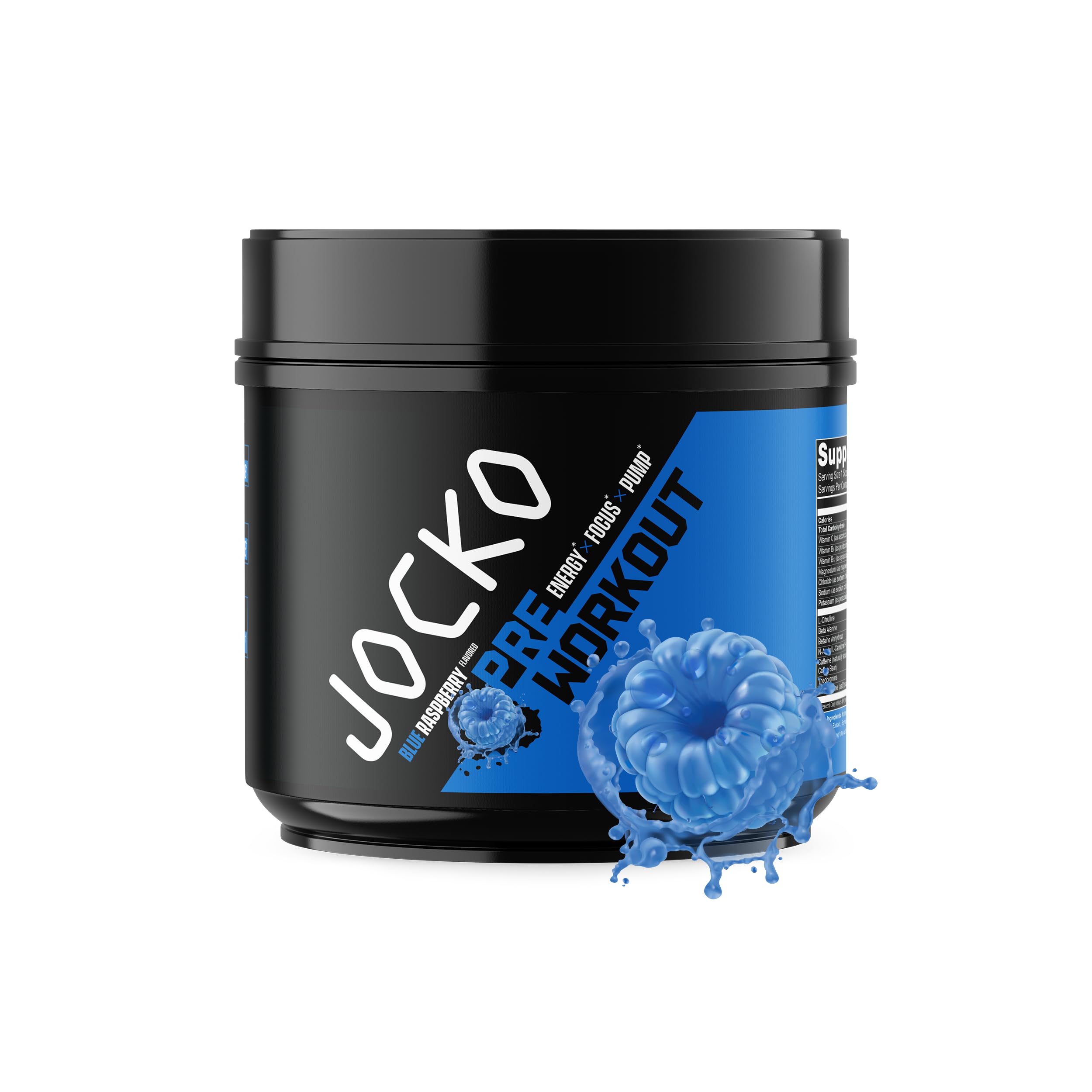 Jocko Fuel Ultimate Pre Workout powder tub in blue raspberry enhances pump and focus.