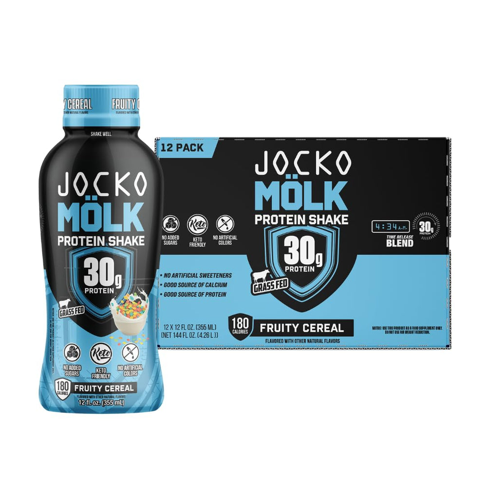 Jocko Mölk bottle pour showing Fruity Cereal flavor for post-workout protein.